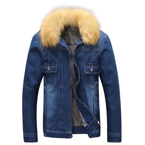 Winter Denim Jacket Men Slim Fit Fur Collar Mens Jeans Jackets Korean