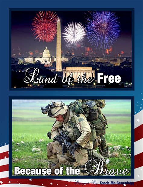 Behind each veteran is a family who make sacrifices to back the red, white, and blue. Land of the FREE because of the BRAVE! ~ Teach Me Genealogy
