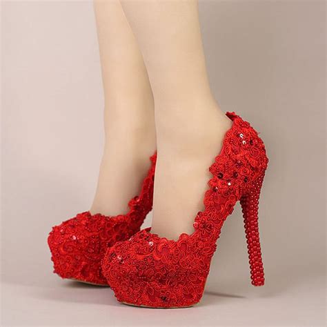 Red Bridal High Heel Flower Lace Wedding Shoes Prom Shoe Bridesmaid
