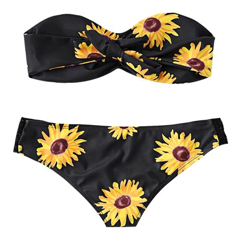 Zaful Sunflower Print Bandeau Bikini Swimwear Women Swimsuit Beach Wear