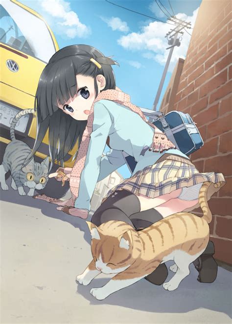 safebooru o bag black hair black legwear black thighhighs blue eyes blush car cat cloud