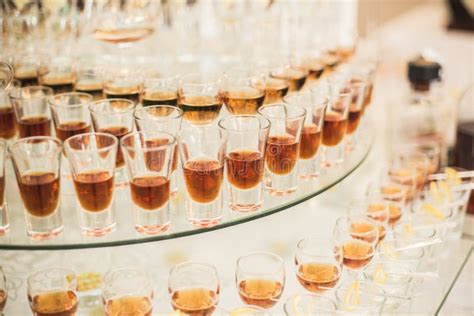 Different Alcohol Drinks In Goblets And Wine Glasses On Wedding Buffet Table Stock Image Image