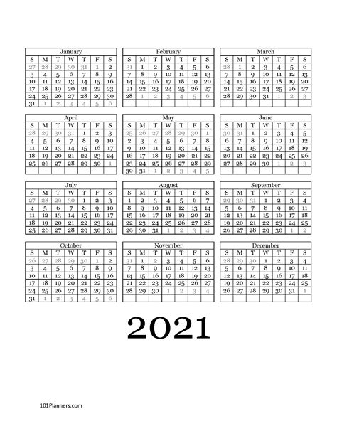 Keep organized with printable calendar templates for any occasion. Free printable 2021 yearly calendar at a glance | 101 ...