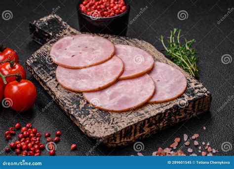 Delicious Fresh Ham Cut Into Round Slices With Salt Spices And Herbs Stock Image Image Of