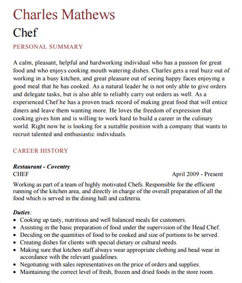 Free 13 Chef Resume Templates In Ms Word Pages