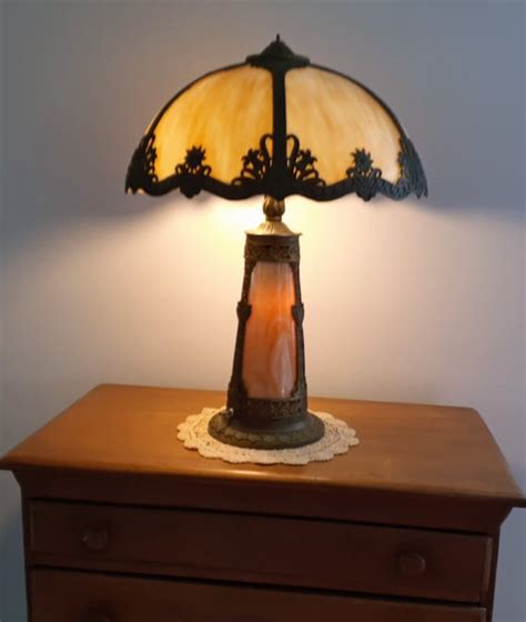 Vintage Slag Glass Lamp With Rare Lighted Base And 6 Panel Etsy