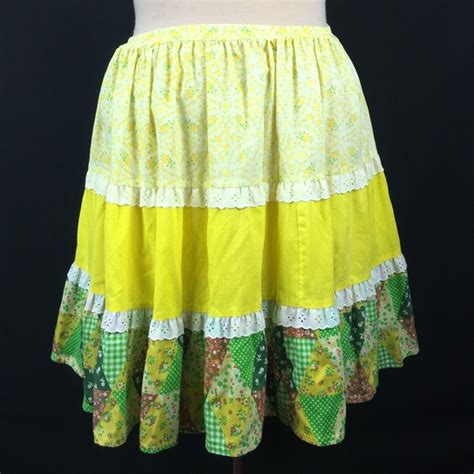 Vintage Skirts Vintage 7s Tiered Ruffled Patchwork Prairie Skirt