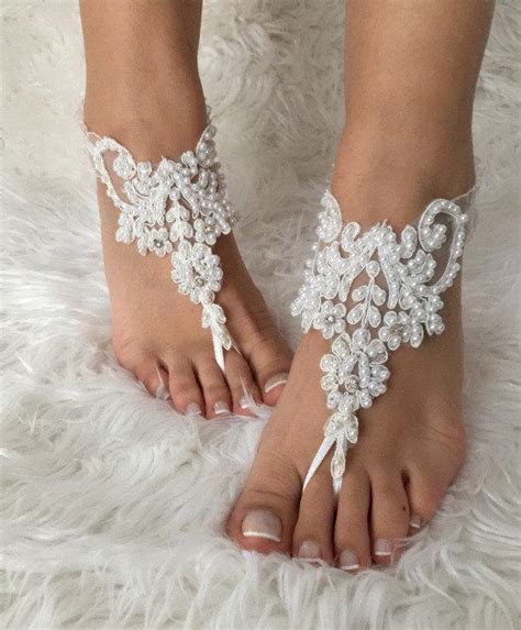 White Pearl Lace Barefoot Sandals Free Ship Beach Wedding Barefoot