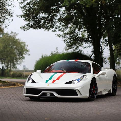Ferrari 458 Speciale Painted In Bianco Avus W Italian Flag Racing Stripes Running Through The