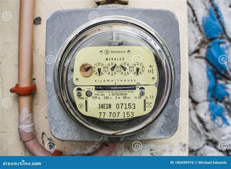 Manila Philippines Closeup Of Vintage Electric Meter Installed By Meralco At A Customer`s