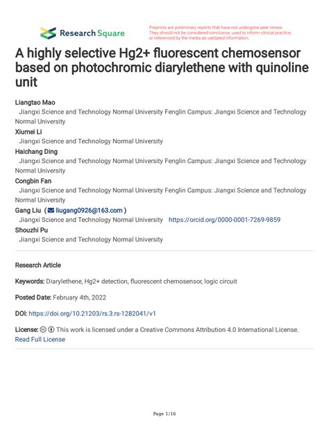 PDF A Highly Selective Hg2 Fluorescent Chemosensor Based On