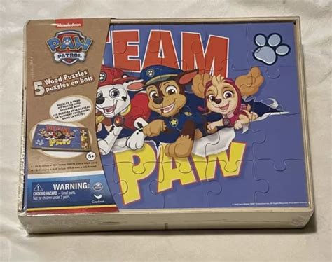 Nickelodeon Paw Patrol 5 Wood Jigsaw Puzzles In Wooden Storage Box New