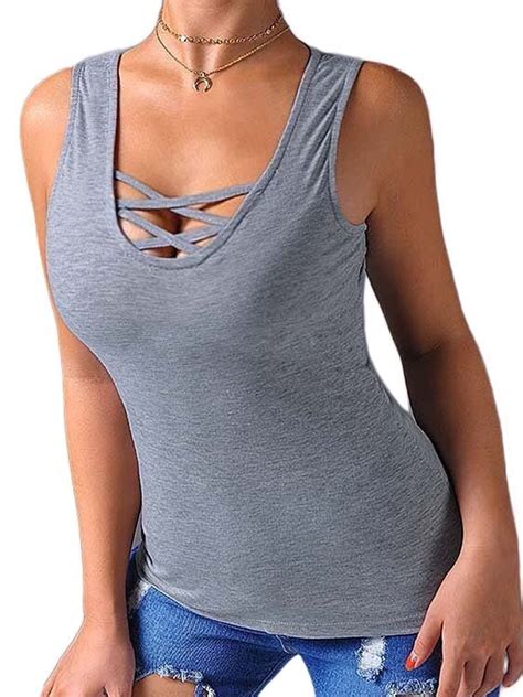 Womens Sexy Low Cut Lace Up Bandage Sleeveless Vest Tank Tops Summer Plain Slim Blouse T Shirt
