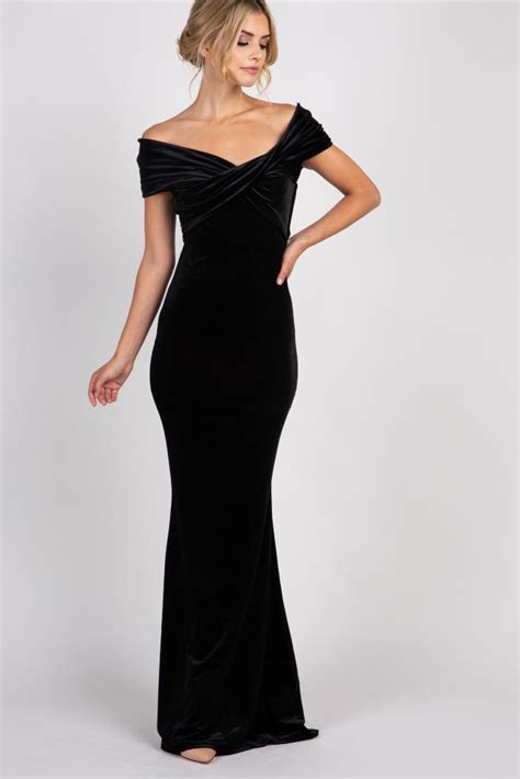 Black Velvet Off Shoulder Mermaid Evening Gown Velvet Evening Gown
