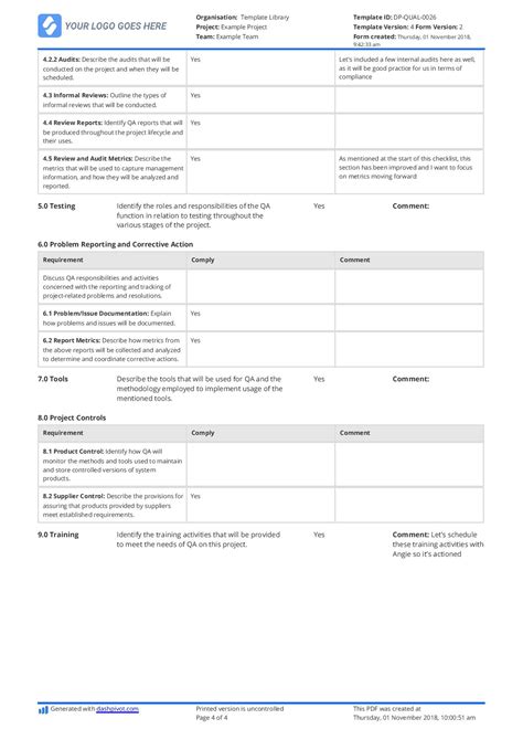 Quality Assurance Plan Checklist Free And Editable Template
