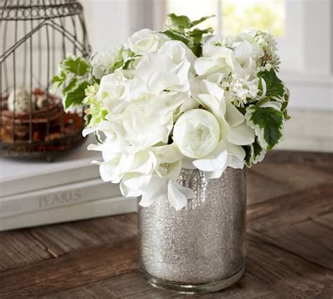 Faux White Flower Arrangement In Mercury Glass Vase Pottery Barn