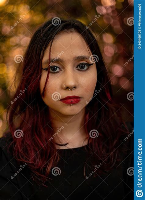 Young Caucasian Dark Haired Girl With Red Streaks In Black Dress Outfit Stock Image Image Of