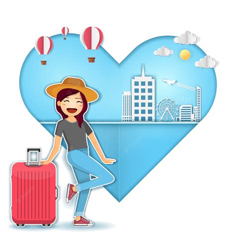 Premium Vector Woman Cute Cartoon Traveler With Luggage On Heart