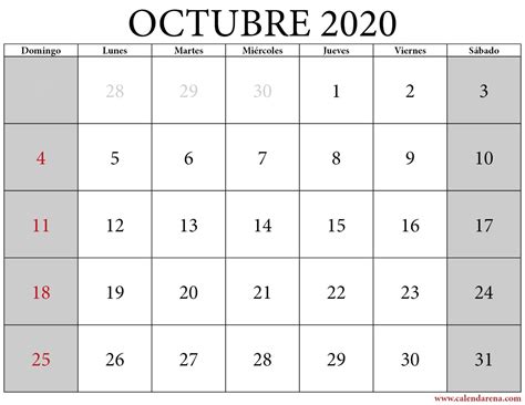 Calendario Mes De Octubre 2020 Descárgalo Gratis