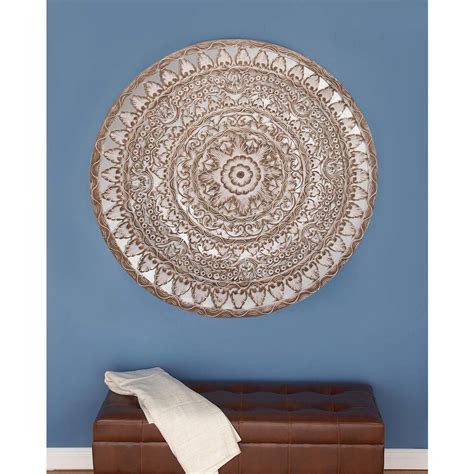 48 In X 48 In Traditional Pine Wood Round Wall Decor In White Patina
