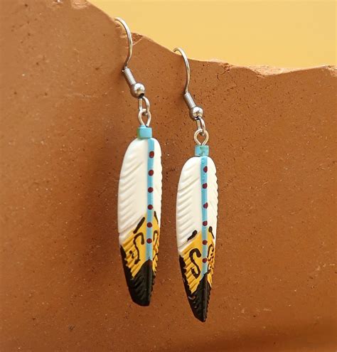 Bone Feather Earrings Hand Carved And Painted Southwestern Etsy