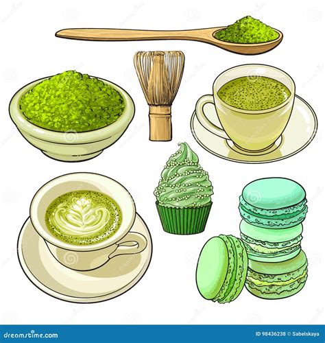 Big Set Of Matcha Green Tea Food And Accessories Stock Vector