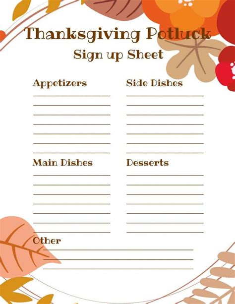 Free Printable Thanksgiving Potluck Sign Up Sheet