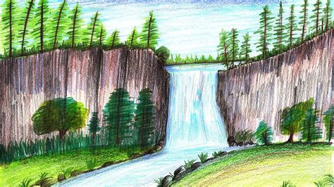 How To Draw A Beautiful Waterfall Step By Step Very Easy Youtube