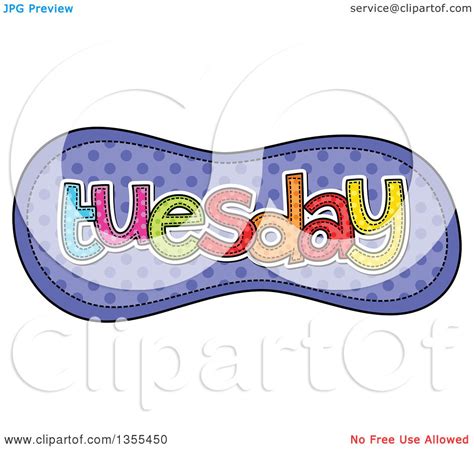 Clipart Of A Cartoon Stitched Tuesday Day Of The Week Over Purple Polka