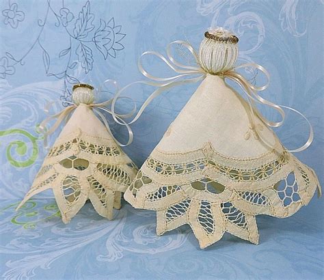 Ivory Starched Battenburg Lace Angel Christmas Ornaments Lot Of 2 Hand