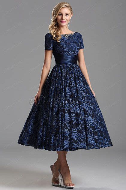 Short Sleeves V Back Blue Tea Length Party Dress X04151405 Edressit