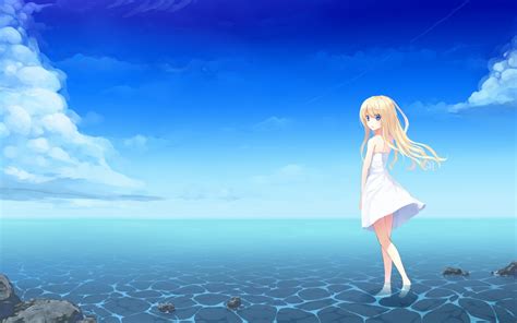Wallpaper Sunlight Sea Anime Girls Sky White Dress Blue Horizon