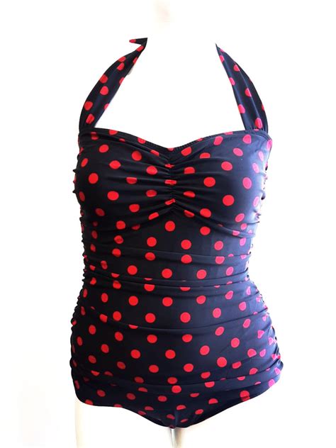 Classic Sheath Bathing Suit In Black And Red Polka Dots Gussied Up