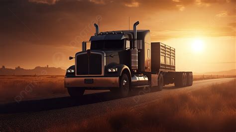 Banner Featuring A Semi Truck Driving Towards A Beautiful Sunset In 3d