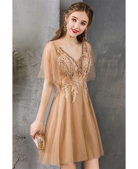 Champagne Short Lace Aline Party Dress Pretty With Puffy Sleeves # ...