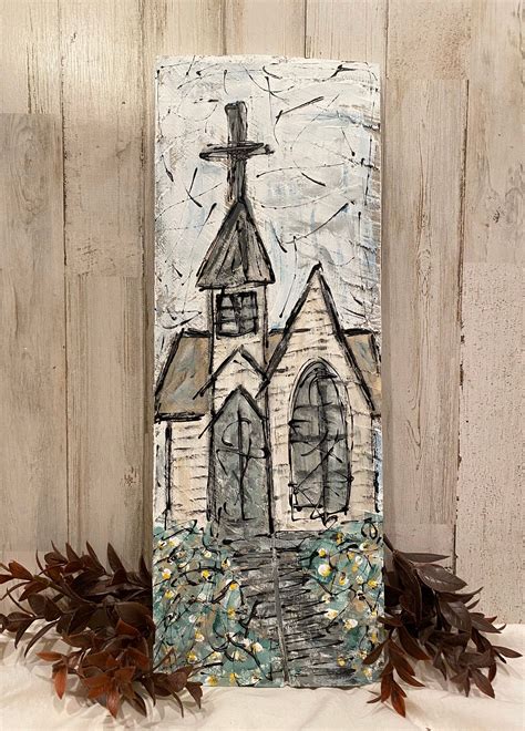 Country Hand Painted Church On Wood Farmhouse Decor Etsy Rustic