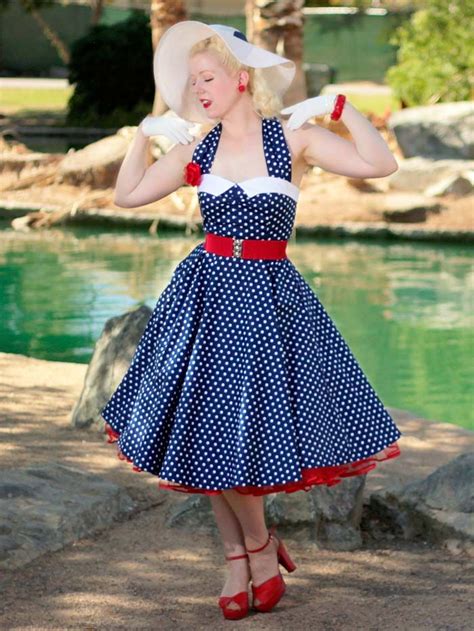 50s Style Navy White Polka Dot Halter Dress Vintage 1950s Dresses