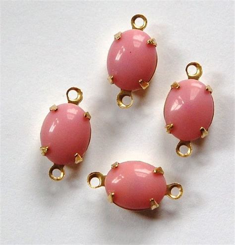 Vintage Opaque Pink Oval Stones In 2 Loop Brass By Yummytreasures 2