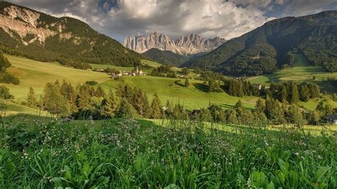 Wallpaper Santa Magdalena Italy Dolomites Mountains Houses Trees