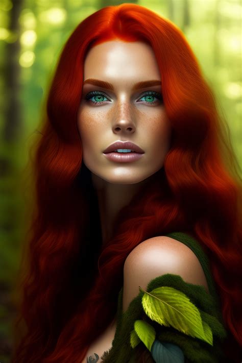 lexica brunette wild red hair green eyes freckles forest woman