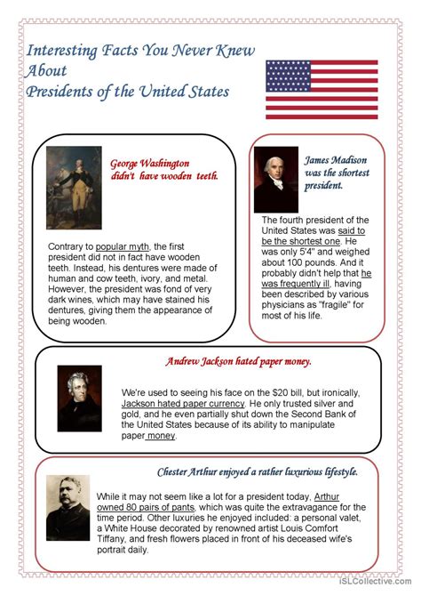 Interesting Facts About Presidents O English Esl Worksheets Pdf And Doc