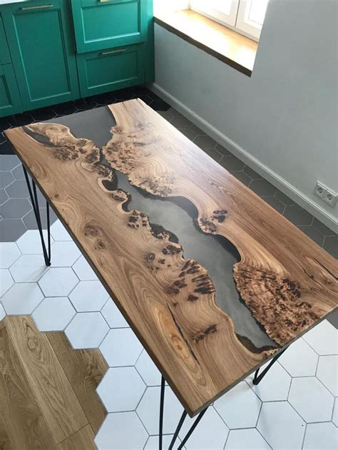 Dining Table Epoxy Resin Live Edge Elm Wood Table Coffee Etsy Wood