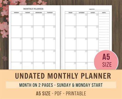 A5 Monthly Planner Inserts Undated Calendar Printable Etsy