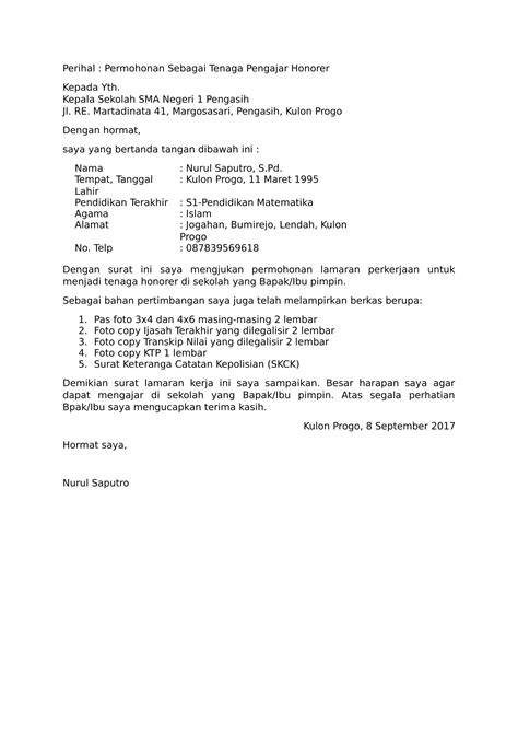 Contoh surat lamaran kerja tanpa pengalaman kerja. Download Contoh Surat Lamaran Kerja Guru yang Benar 2019