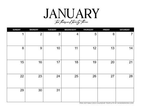 Editable Calendar Template January 2023 Printable Calendar 2023
