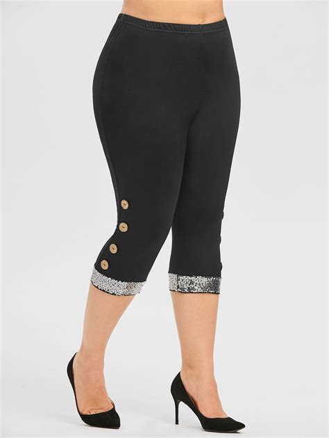 28 Off 2020 Plus Size Mock Buttons Sequin Cropped Leggings In Black