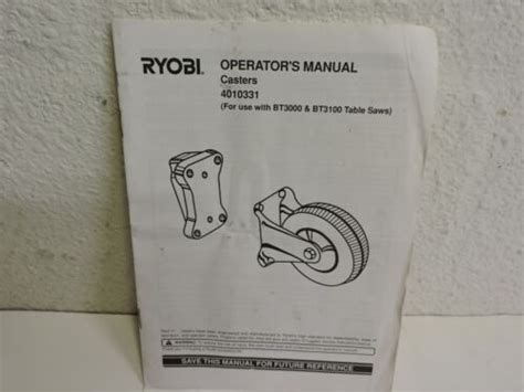 Ryobi Bt3000 Table Saw Owners Operating Manual For Caster Wheel Kit Ebay