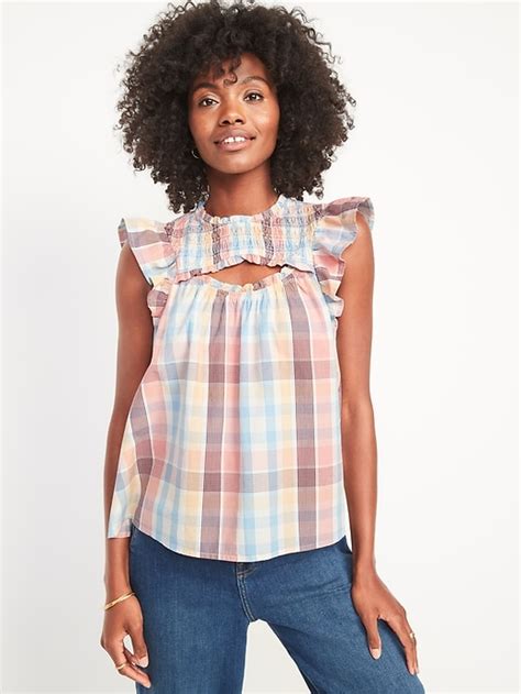 Old Navy Flutter Sleeve Plaid Smocked Cutout Swing Blouse For Women