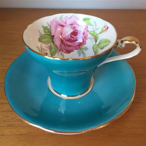 Aynsley Pink Rose Teacup And Saucer Turquoise Tea Cup And Saucer Corset Shaped Floral Bone
