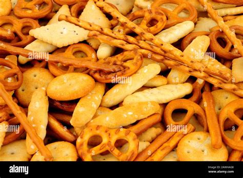 Savoury Pretzel And Cracker Snack Mix Background Stock Photo Alamy